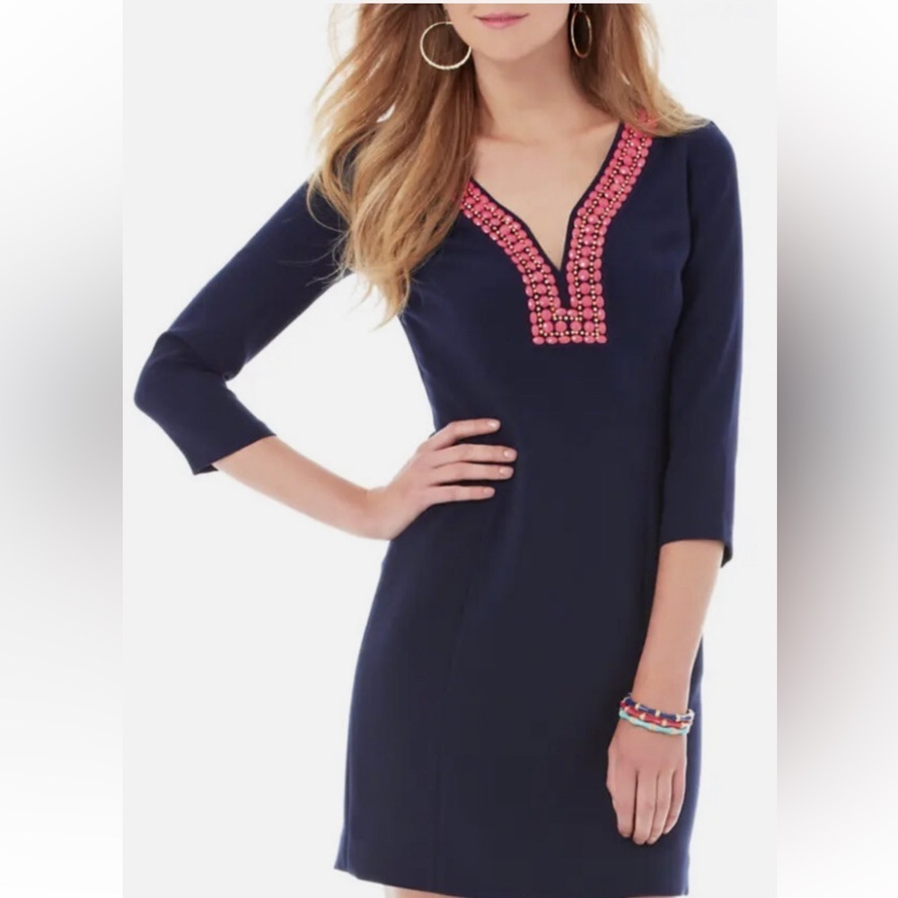 Lilly Pulitzer Bennett Shift Dress Navy Bead Embellished